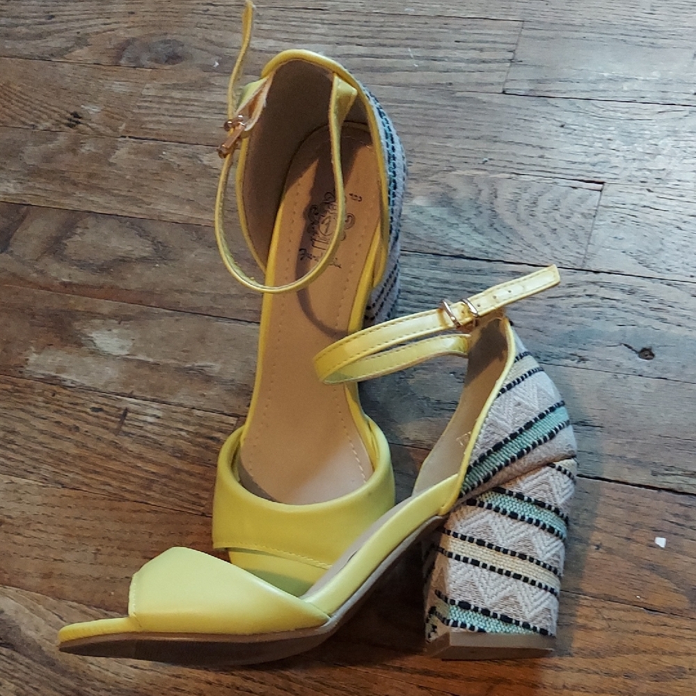 4 For $12 Yellow Strappy Heels with Patterned Block Heel